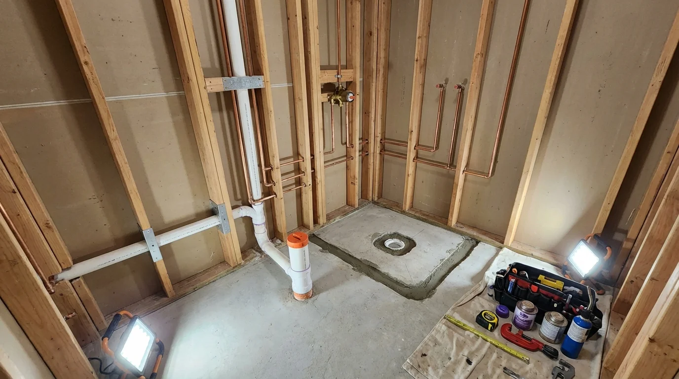Bathroom rough-in plumbing during remodel by Johns Plumbing LLC in Tornillo