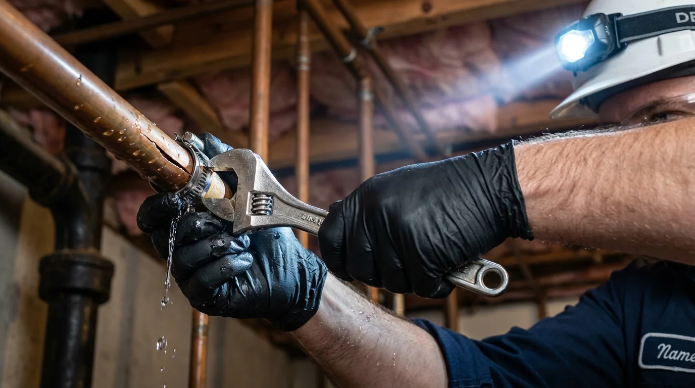 Emergency pipe clamp repair being performed by a Johns Plumbing LLC plumber in Tornillo