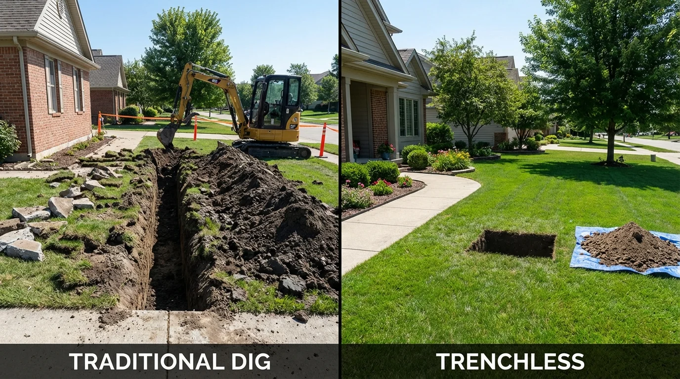 Trenchless sewer repair with minimal yard damage versus traditional excavation in Tornillo, TX